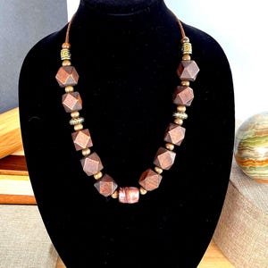 Chunky wood beads necklace, Statement handcrafted necklace, Geometric unisex necklace, Boho style necklace, Brass necklace, Gift necklace