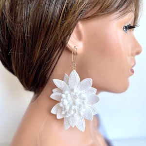 Large white flower earrings, Lightweight earrings, French cotton lace earrings, Statement gold earrings, Wedding earrings, Bridal earrings
