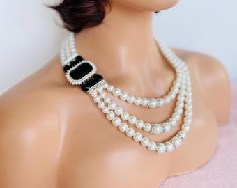 Statementketting met meerdere lagen parel, art-deco bruidssieraden