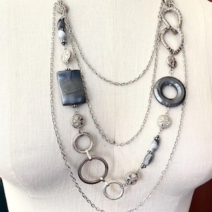 Long silver necklace, Boho style chain necklace,  Silver geometric necklace, Statement silver necklace, Chunky necklace, Gift for her