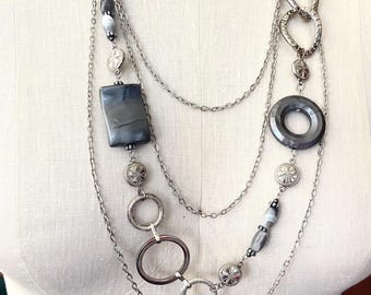 Long silver necklace, Boho style chain necklace,  Silver geometric necklace, Statement silver necklace, Chunky necklace, Gift for her