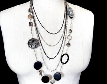 Statement Silver Necklace, Black Acrylic Geometric Pendant, Boho Hippie Style