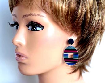 Multi-color unique earrings, Oval dangle-drop earrings, Geometric acrylic earrings, Boho style earrings, Silver earrings, Gift for her.