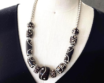 Brown acrylic beads necklace, Statement handcrafted necklace, Silver necklace, Brown necklace, Chunky unisex necklace, Gift necklace