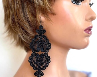 Long dangle-drop earrings, French black lace earrings, Statement earrings, Lightweight textile earrings, Party black Earrings, Gifts for her