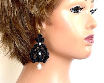 Black drop earrings, Textile lace earrings, Statement earrings, French lace earrings, Lightweight earrings, Party earrings, Gift earrings