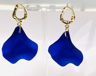 Pearl gemstone earrings, Gold statement earrings, Petal flower earrings, Big lead-free resin earrings, Blue dangle earrings, Gift for her