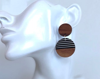 Wooden resin earrings, Unisex dangle-drop earrings, Geometric brown earrings, Boho style wooden earrings, Silver earrings, Gift for her.