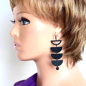 Long black earrings, Wooden earrings, Resin earrings, Black geometric earrings, Statement dangle drop earrings, Party Earrings, Gift for her