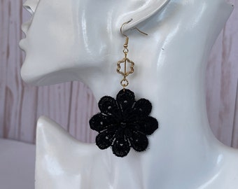 Black dangle-drop earrings, Black french lace earrings, Statement gold earrings, Lightweight textile earrings, Gift earrings