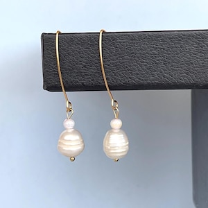 Freshwater large white pearl earrings, Elegant long dangle earrings, Gold earrings, Bridal earrings, Wedding earrings, Gift earrings