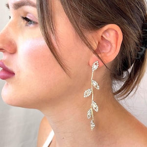 Gold Leaves Dangle-Drop Earrings, Crystal Leaf Tassel Earrings, Statement Long Earrings, Long zircon earrings, Fashion Jewelry