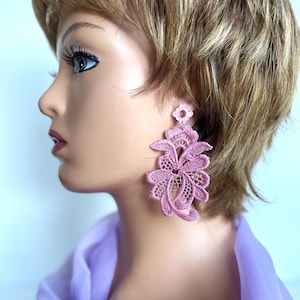Wedding earrings, Lightweight lace earrings, French lace earrings, Pink textile cotton earrings, Bridal earrings, Flower earrings