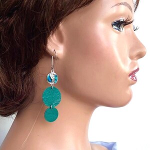 Leather Geometric Earrings, Green Leather Earrings, Lightweight Bohemian Earrings, Dangle Drop Earrings, Long Silver Earrings, Gift for her