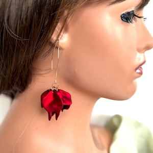 Long red floral earrings, Dangle drop earrings, Boho style earrings, Resin petal earrings, Statement blue earrings, Unisex earrings