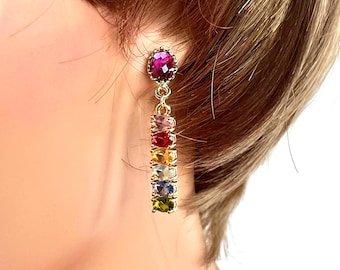 Gold Art Deco Earrings, Multi-Color Crystal Dangle Drop Earrings
