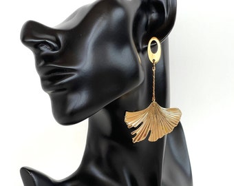 Exaggerated leaf earrings, Dangle drop earrings, Gold earrings, Large gold earrings, Floral earrings, Statement earrings, Gift for her