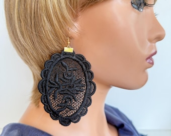 Pendientes de encaje negro, pendientes ovalados negros, pendientes largos de encaje, pendientes de tela ligera, pendientes de encaje de seda de algodón, pendientes llamativos