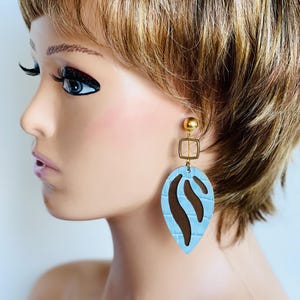 Blue Leather Leaf Earrings - Leather Petal Earrings - Lightweight Bohemian Earrings, Dangle Drop Earrings - Gold earrings - Gift for her