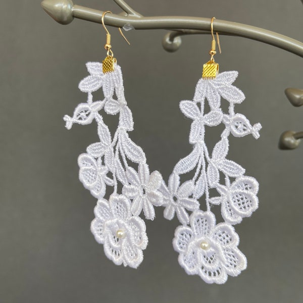 White flower lace earrings, Lightweight textile earrings, French cotton lace earrings, Statement long dangle-drop earrings, Gift earrings