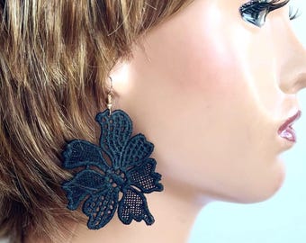 Black lightweight lace earrings , French lace earrings, Red textile cotton earrings, Green or blue earrings, Statement earring, Gift for her
