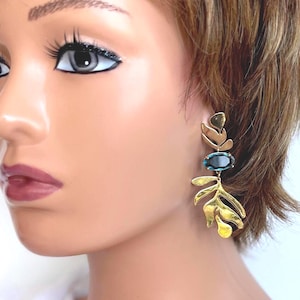 Long leaf earrings, Statement earrings, Gold floral earrings, Wedding earrings, Stunning pearl earrings, Bridesmaid earrings, Gift for her