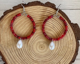 Red Hoop Earrings Silver Circle Earrings Dangle Earrings  Party Hoops Earrings  Red Hoops Boho Earrings Statement Hoops Great Gift for her