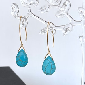 Turquoise gemstone earrings, Silver teardrop earrings, Long dangle earrings, Blue turquoise earrings, Gold teardrop earrings, Gifts for her