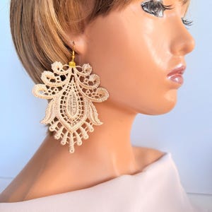 Unique gold wedding earrings, Gold floral earrings, Bridal earrings, Lightweight textile earrings, Silk lace earrings, Statement earrings
