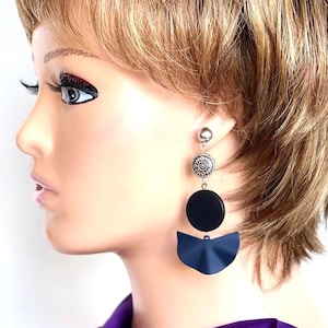 Long black wooden-resin earrings, Black geometric earrings, Statement dangle drop earrings, Party Earrings, Silver earrings, Gifts for her