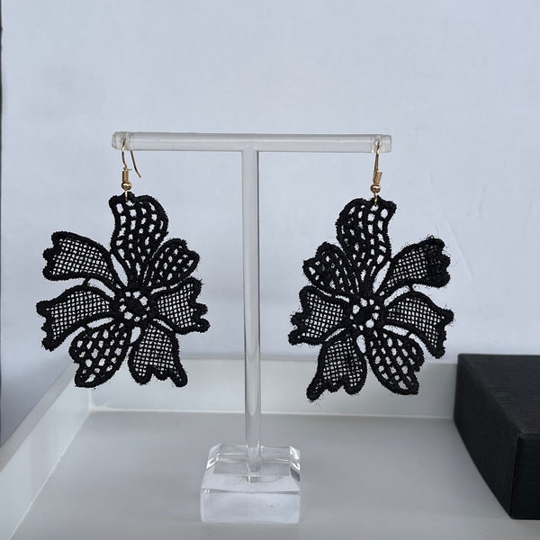 Black lightweight lace earrings , French lace earrings, Black textile cotton earrings, Boho earrings, Statement earring, Gift for her