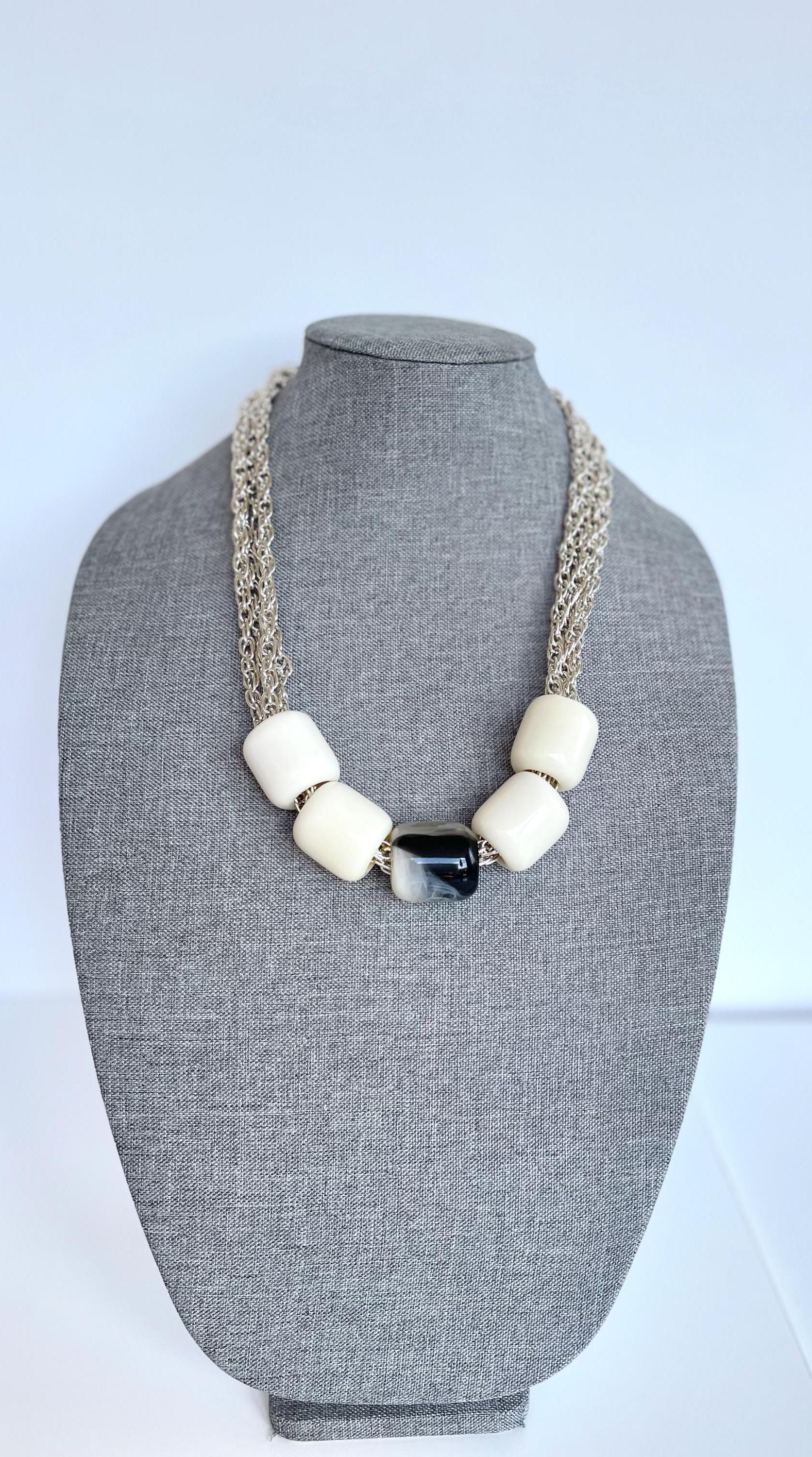 Exaggerate silver necklace, Chunky acrylic necklace, Silver unisex necklace, Off white acrylic beads necklace, Multi-strand silver necklace
