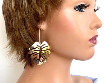 Oversized Gold Leaf Dangle Earrings, Floral Statement Jewelry, Lightweight Earrings
