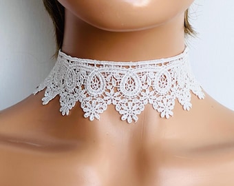 Gargantilla de encaje blanco hecha a mano, collar de novia bohemio (14 1/2 pulgadas)