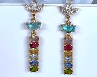 Gold Art Deco Dangle Earrings, Multi-color Zircon Crystal Jewelry
