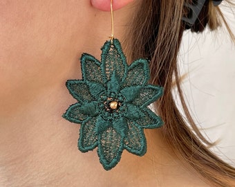Dark green lace earrings, Elegant French lace earrings, Statement  earrings, Gold earrings, Flower lace earrings, Gifts for her