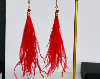 Long red ostrich feather earrings, Fluffy ostrich feather earrings, Hot red feather statement earrings, Lightweight earrings, Git for her