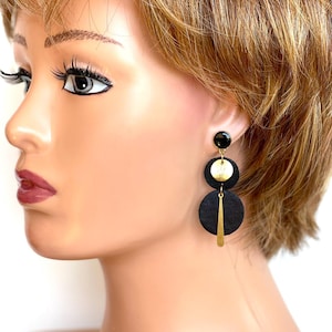 Leather Geometric Earrings, Black Leather Earrings, Lightweight Bohemian Earrings, Dangle Drop Earrings, Long Gold Earrings, Gift for her