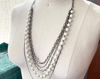 Multi-strand necklace, Statement pearl necklace, Chunky silver and black chain necklace, Unique necklace, Long chain necklace, Gift for her