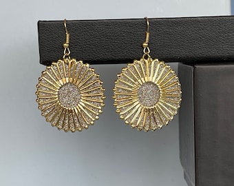 Statement gold earrings, Double-disc gold earrings, Geometric silver earrings, Silver disc earrings, Elegant dangle earrings Gift for her