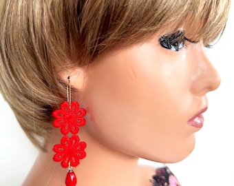 Handmade Red Cotton-Silk Flower Lace Earrings, Boho Chic Jewelry