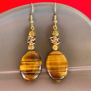 Bronze dangle drop tiger's eye earrings, Art deco style earrings, Natural tiger's eye earrings, Gold earrings, Long earrings, Gift for her