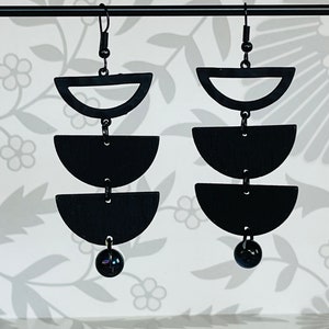 Long black earrings, Wooden earrings, Resin earrings, Black geometric earrings, Statement dangle drop earrings, Party Earrings,Gifts for her