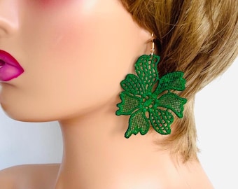 Red Green Magenta Teal lace earrings, Statement oversize earrings, Dangle-drop earrings, Elegant lace earrings, Lightweight lace earrings
