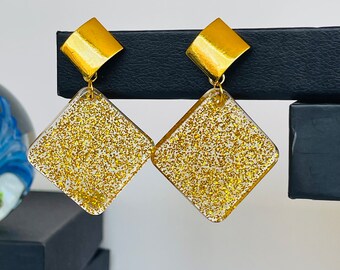 Gold exaggerated earrings, Lightweight Earrings, Transparent acrylic earrings, Glitter flower earrings, Translucent earrings, Gift for her