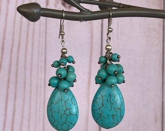 Blue stone earrings, Turquoise gemstone earrings, Long dangle drop earrings, Silver boho earrings, Teardrop turquoise earrings, Gift for her