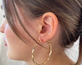Large Gold Twisted Hoop Earrings, Thick Gold Hoop Earrings, Big circle Earrings, 50mm wide hoops, Gift earrings