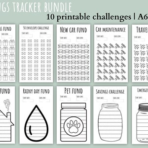 May include: Printable savings tracker bundle with 10 different challenges. Each challenge has a unique icon and a grid to track progress. The challenges include Christmas Fund, 50 Envelope Challenge, New Car Fund, Car Maintenance, Travel Fund, House Fund, Rainy Day Fund, Pet Fund, Savings Challenge, and Emergency Fund.