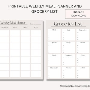 Printable instant download - Weekly meal PLANNER - Grocery list TEMPLATE - Weekly menu - Organisation tool - DIGITAL download