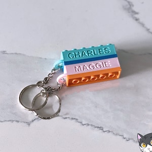 Può includere: Un portachiavi colorato a forma di mattoncino. Il mattoncino è composto da tre strati: turchese, rosa e arancione. I nomi "CHARLES" e "MAGGIE" sono stampati sul mattoncino. Il portachiavi ha due anelli argentati.